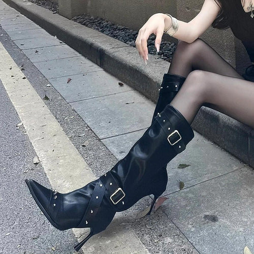 Bottes Longues Femme Polyvalentes à Boucle, Rivetées, Talons Fins et Fermeture Latérale - IVOIRART.COM