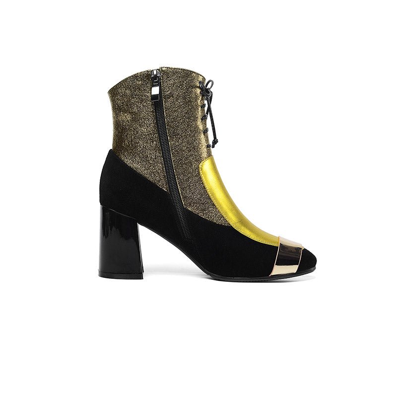 Bottes Martin en cuir pour femme à talon épais givré et bout carré élégantes - IVOIRART.COM
