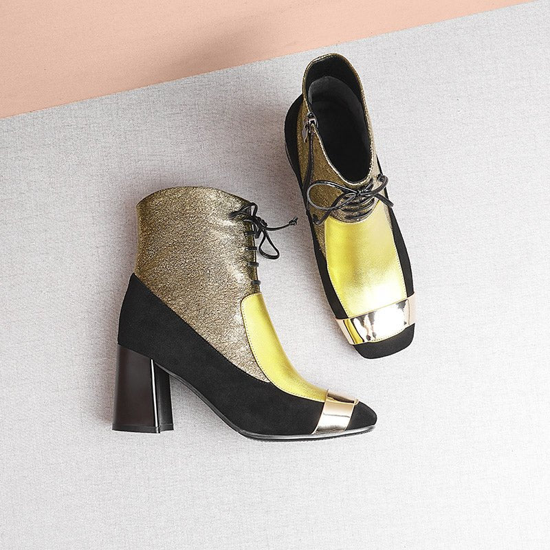 Bottes Martin en cuir pour femme à talon épais givré et bout carré élégantes - IVOIRART.COM