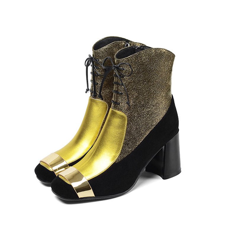 Bottes Martin en cuir pour femme à talon épais givré et bout carré élégantes - IVOIRART.COM