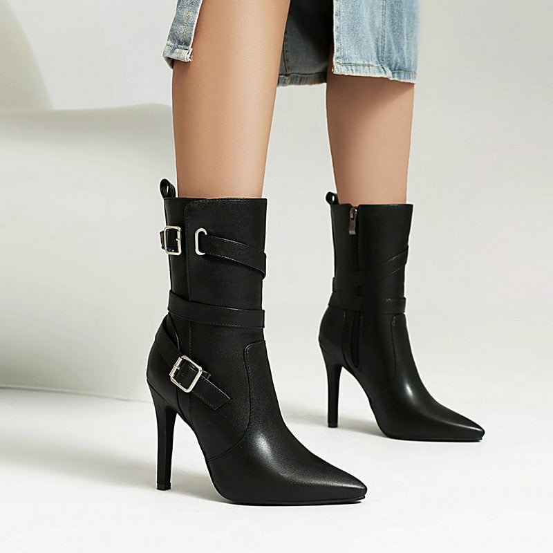Bottes mi-mollet à bout pointu talon aiguille 6–8cm cuir synthétique femme brides - IVOIRART.COM
