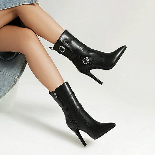 Bottes mi-mollet à bout pointu talon aiguille 6–8cm cuir synthétique femme brides - IVOIRART.COM