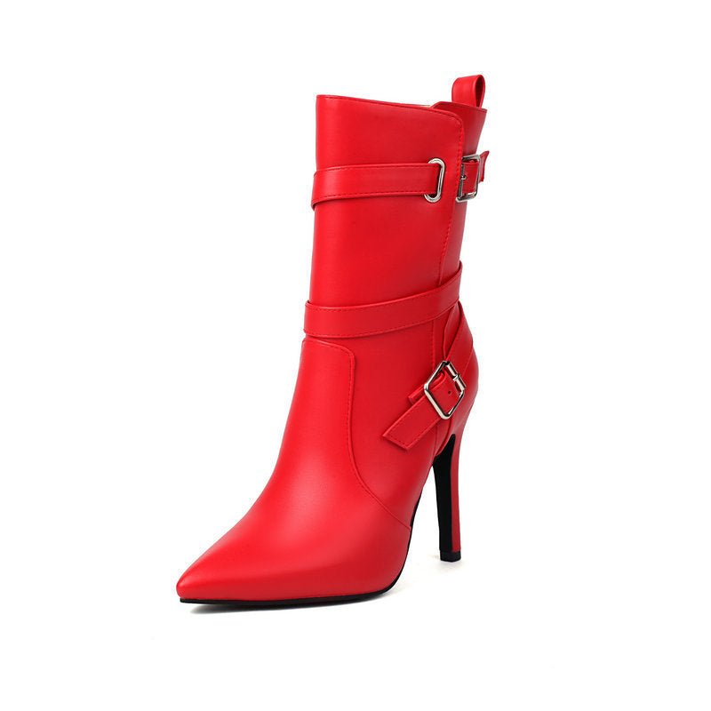 Bottes mi-mollet à bout pointu talon aiguille 6–8cm cuir synthétique femme brides - IVOIRART.COM