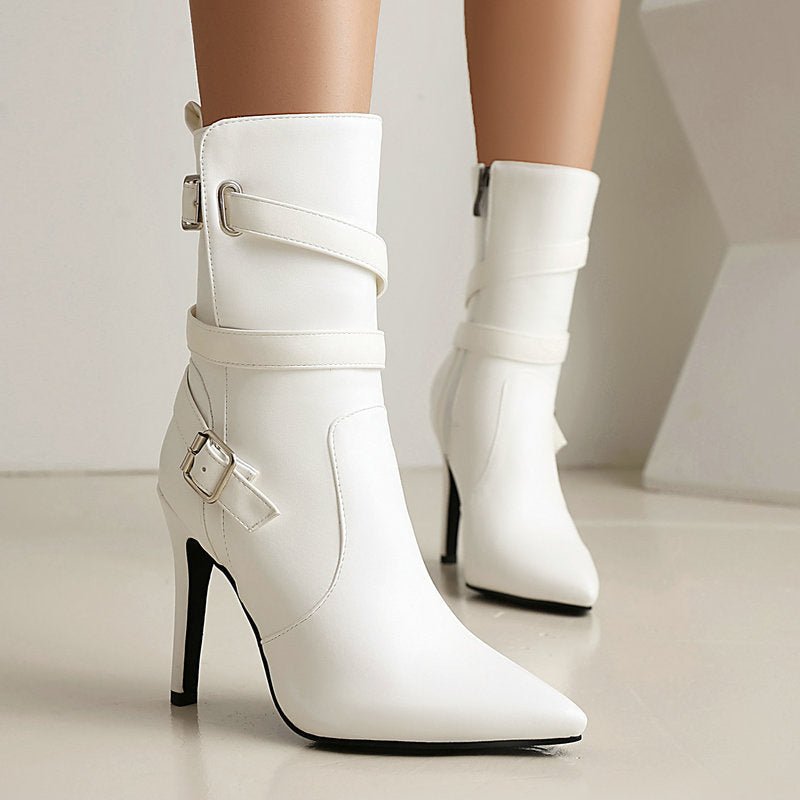 Bottes mi-mollet à bout pointu talon aiguille 6–8cm cuir synthétique femme brides - IVOIRART.COM