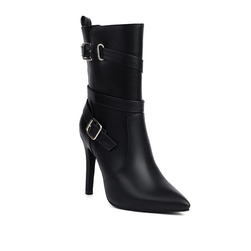 Bottes mi-mollet à bout pointu talon aiguille 6–8cm cuir synthétique femme brides - IVOIRART.COM