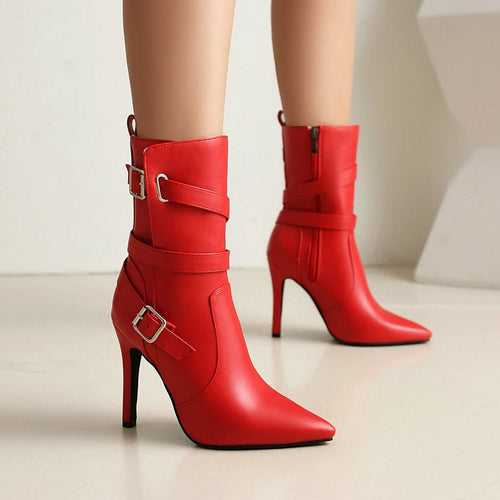 Bottes mi-mollet à bout pointu talon aiguille 6–8cm cuir synthétique femme brides - IVOIRART.COM