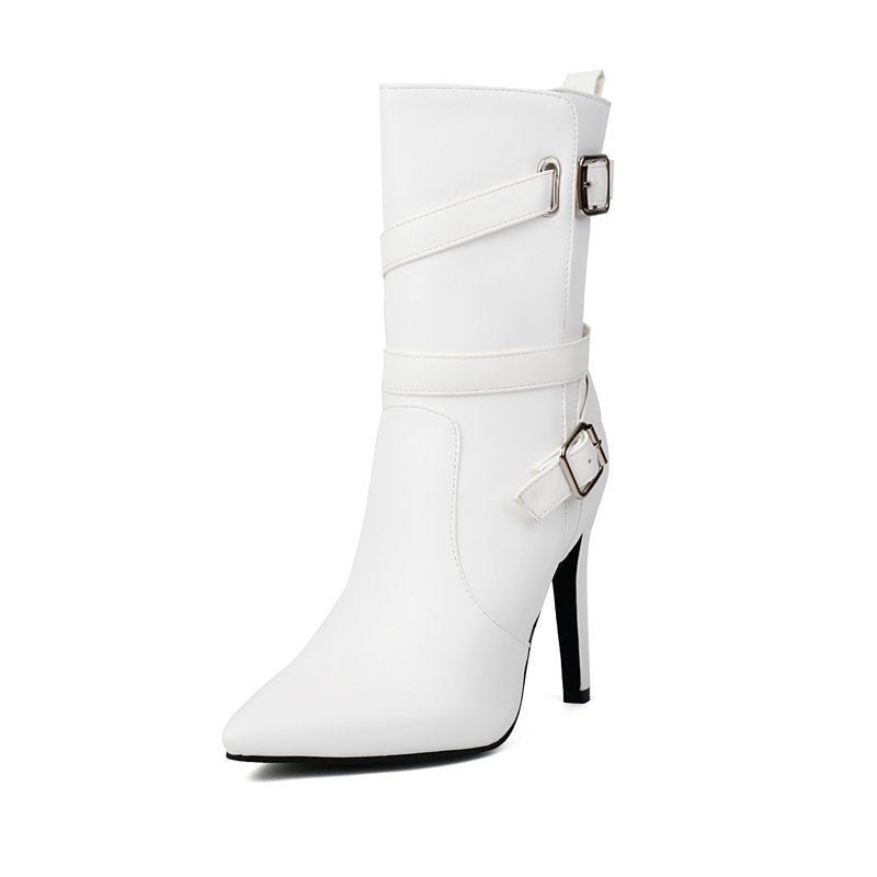 Bottes mi-mollet à bout pointu talon aiguille 6–8cm cuir synthétique femme brides - IVOIRART.COM