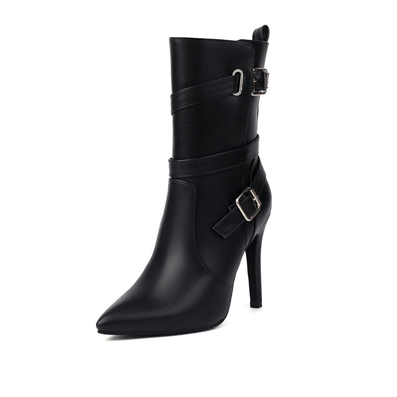 Bottes mi-mollet à bout pointu talon aiguille 6–8cm cuir synthétique femme brides - IVOIRART.COM