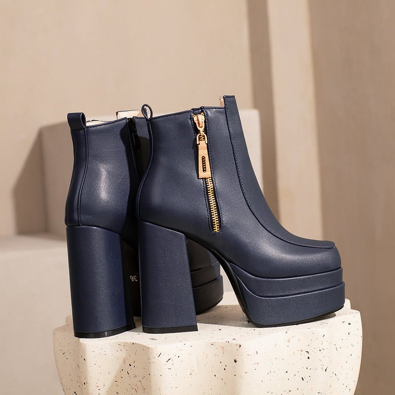 Bottes pour femmes style européen et américain à bout carré et talon épais - IVOIRART.COM