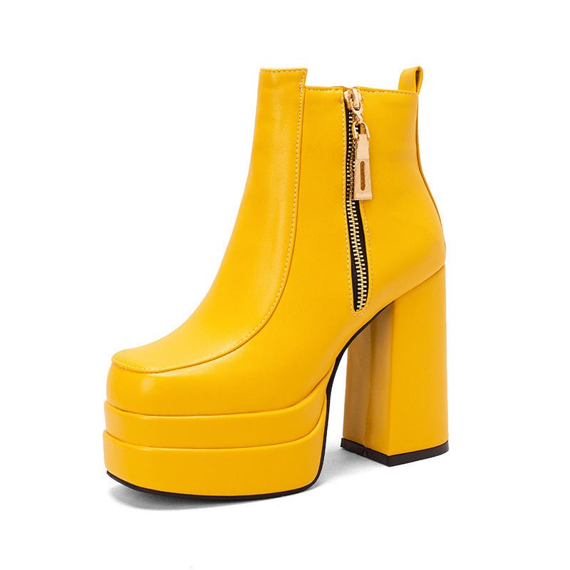 Bottes pour femmes style européen et américain à bout carré et talon épais - IVOIRART.COM