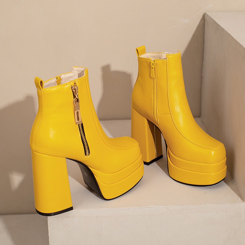 Bottes pour femmes style européen et américain à bout carré et talon épais - IVOIRART.COM
