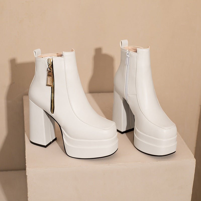 Bottes pour femmes style européen et américain à bout carré et talon épais - IVOIRART.COM