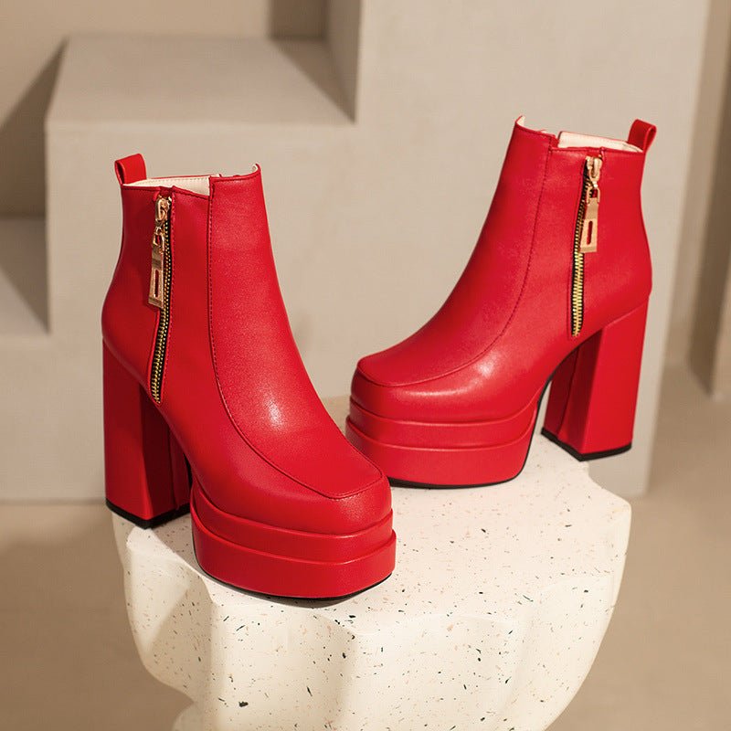 Bottes pour femmes style européen et américain à bout carré et talon épais - IVOIRART.COM