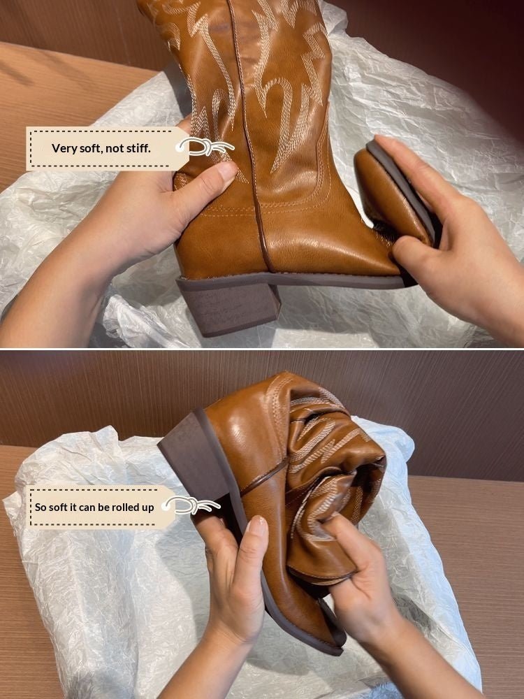 Bottes Western Hautes à Talons Brodées en Cuir Souple au - dessus du Genou pour Début Automne - IVOIRART.COM