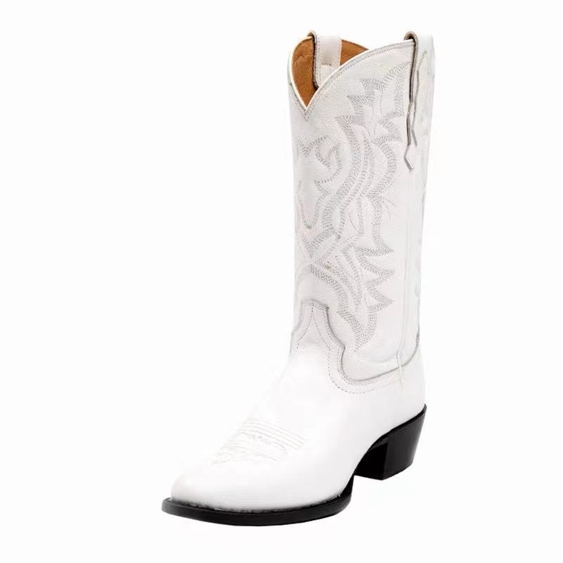 Bottes Western Hautes à Talons Brodées en Cuir Souple au - dessus du Genou pour Début Automne - IVOIRART.COM