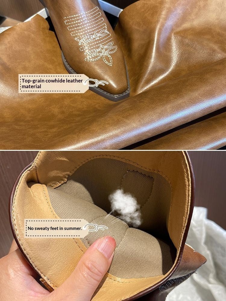 Bottes Western Hautes à Talons Brodées en Cuir Souple au - dessus du Genou pour Début Automne - IVOIRART.COM