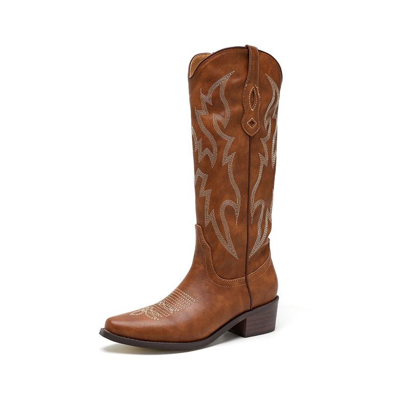 Bottes Western Hautes à Talons Brodées en Cuir Souple au - dessus du Genou pour Début Automne - IVOIRART.COM