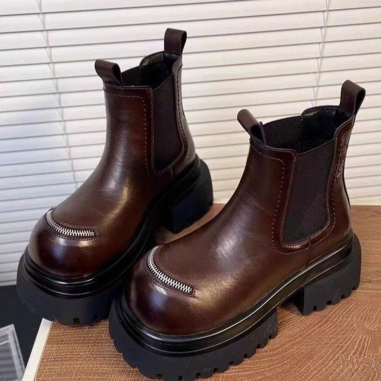 Bottines Chelsea Vintage à Plateforme et Semelle Crantée pour Femmes, Décor Fermeture Éclair - IVOIRART.COM