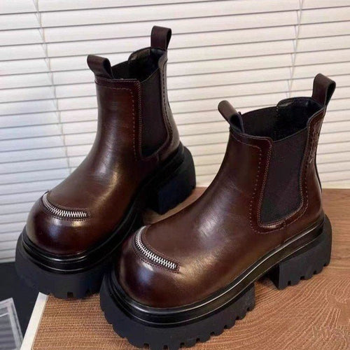 Bottines Chelsea Vintage à Plateforme et Semelle Crantée pour Femmes, Décor Fermeture Éclair - IVOIRART.COM