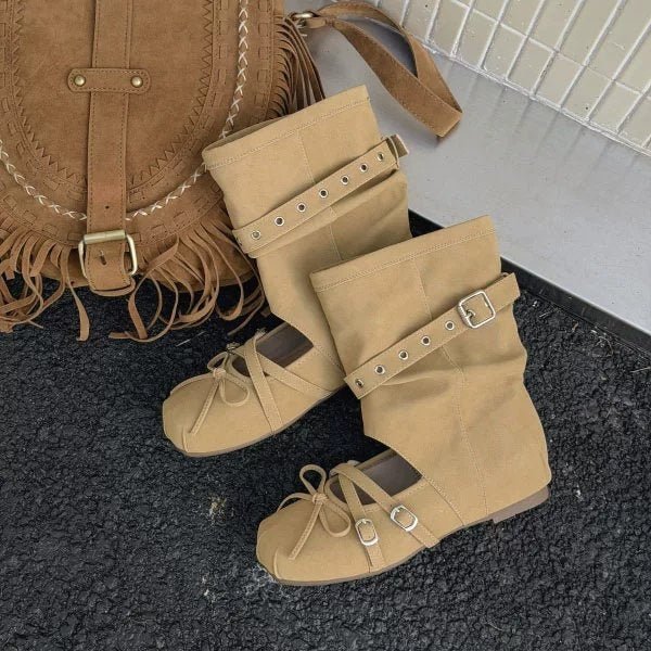 Bottines Sandales Ballet Printemps - Été 2026, Hauteur Intérieure, Boucle Ceinture, Bout Rond, Nœud, Tons Sourds, Style Décontracté - IVOIRART.COM