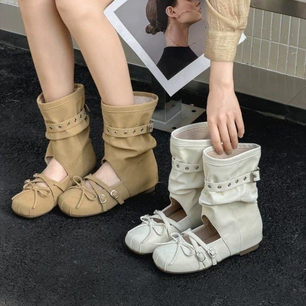 Bottines Sandales Ballet Printemps - Été 2026, Hauteur Intérieure, Boucle Ceinture, Bout Rond, Nœud, Tons Sourds, Style Décontracté - IVOIRART.COM