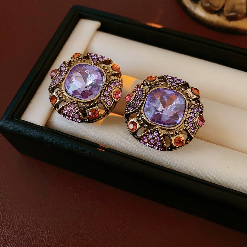 Boucles d'oreilles clous carrés baroques vintage, aiguille argentée, luxe strass - IVOIRART.COM
