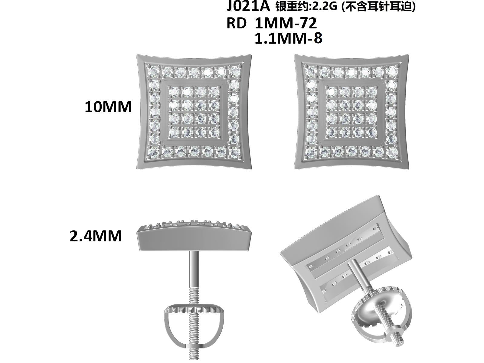 Boucles d'Oreilles Clous Carrés Moissanite 76pcs D Couleur VVS1 Argent 925 10mm à Vis Hypoallergéniques Certifiées GRA Coffret Cadeau - IVOIRART.COM