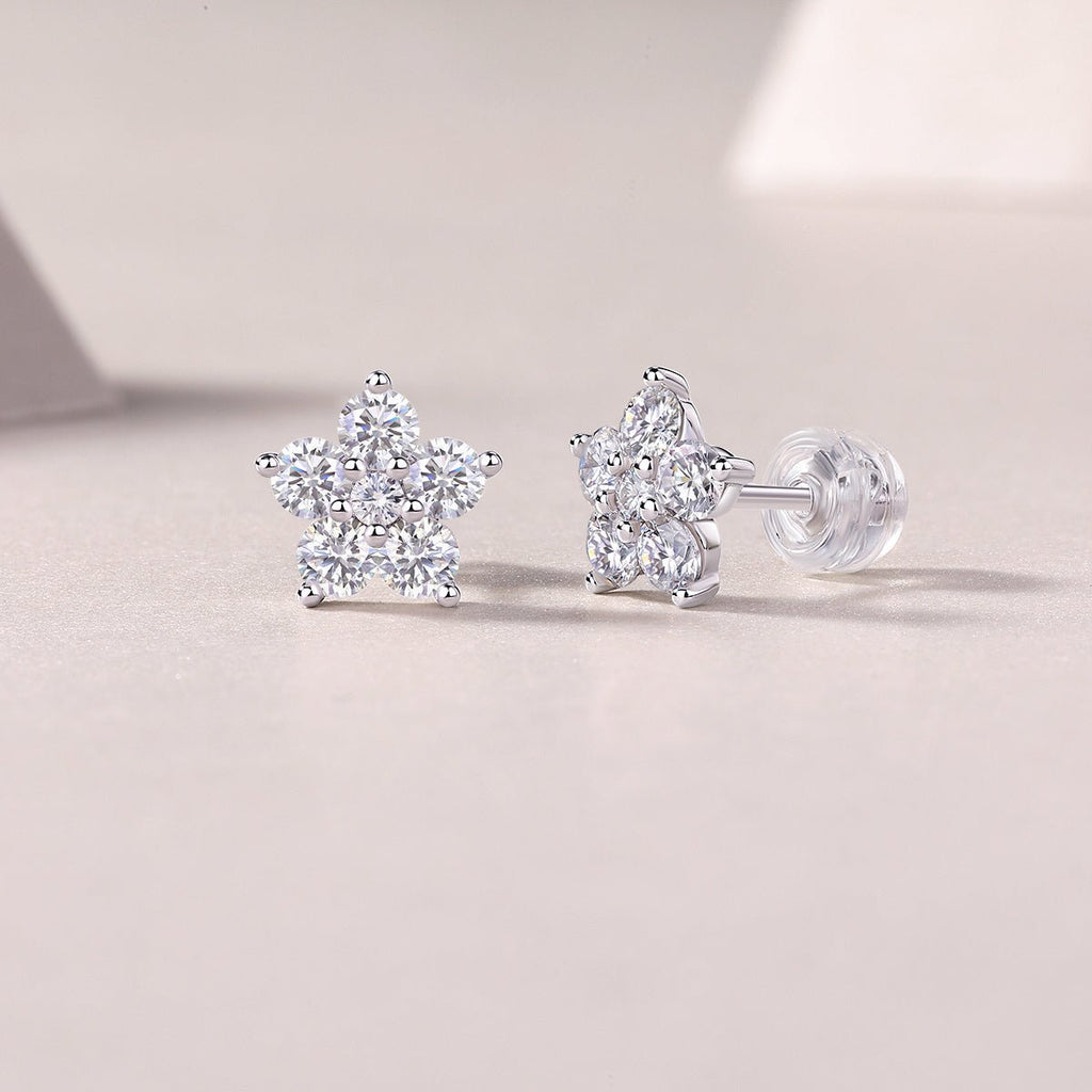 Boucles d'oreilles clous Fleur S925 Argent, Moissanite D-VVS1, 1.4g, boîte cadeau01 - IVOIRART.COM