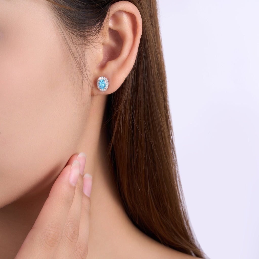 Boucles d'Oreilles Clous Halo 1,65g Argent Sterling S925 Topaze Bleue Ovale et Moissanite, Bijou Plaqué Platine avec Coffret Cadeau - IVOIRART.COM