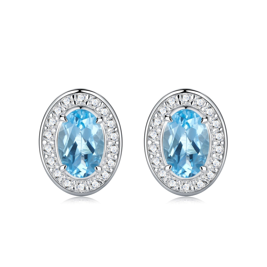 Boucles d'Oreilles Clous Halo 1,65g Argent Sterling S925 Topaze Bleue Ovale et Moissanite, Bijou Plaqué Platine avec Coffret Cadeau - IVOIRART.COM
