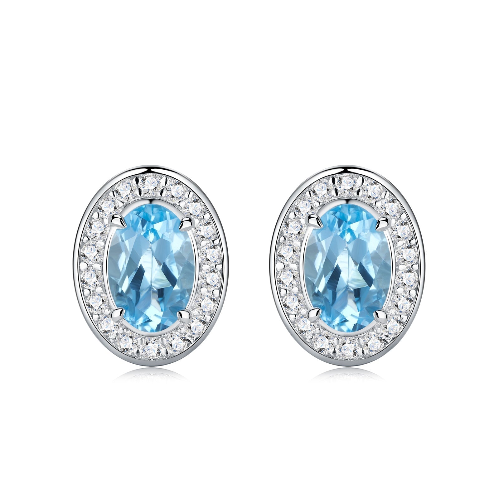 Boucles d'Oreilles Clous Halo 1,65g Argent Sterling S925 Topaze Bleue Ovale et Moissanite, Bijou Plaqué Platine avec Coffret Cadeau - IVOIRART.COM