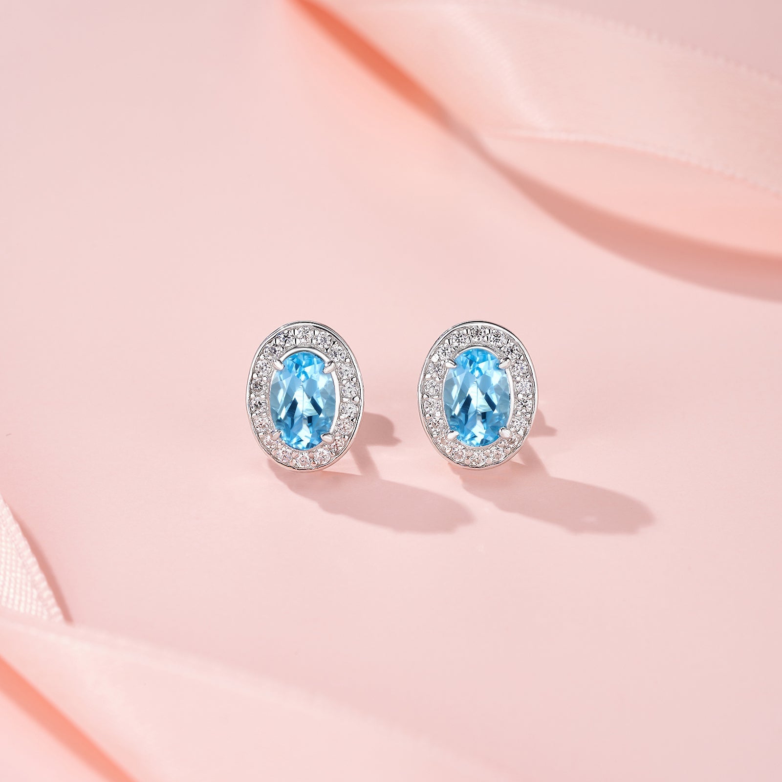 Boucles d'Oreilles Clous Halo 1,65g Argent Sterling S925 Topaze Bleue Ovale et Moissanite, Bijou Plaqué Platine avec Coffret Cadeau - IVOIRART.COM