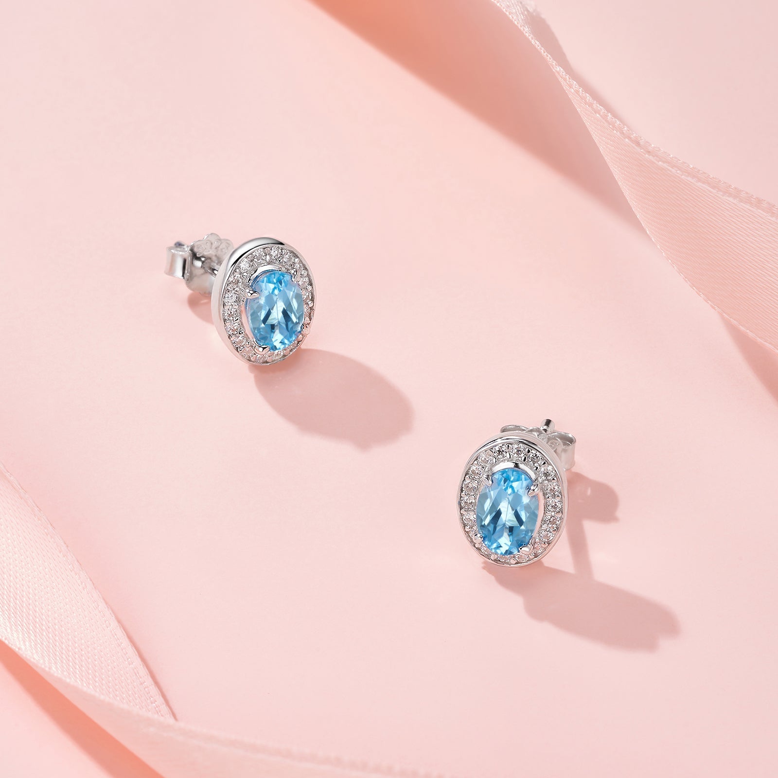 Boucles d'Oreilles Clous Halo 1,65g Argent Sterling S925 Topaze Bleue Ovale et Moissanite, Bijou Plaqué Platine avec Coffret Cadeau - IVOIRART.COM