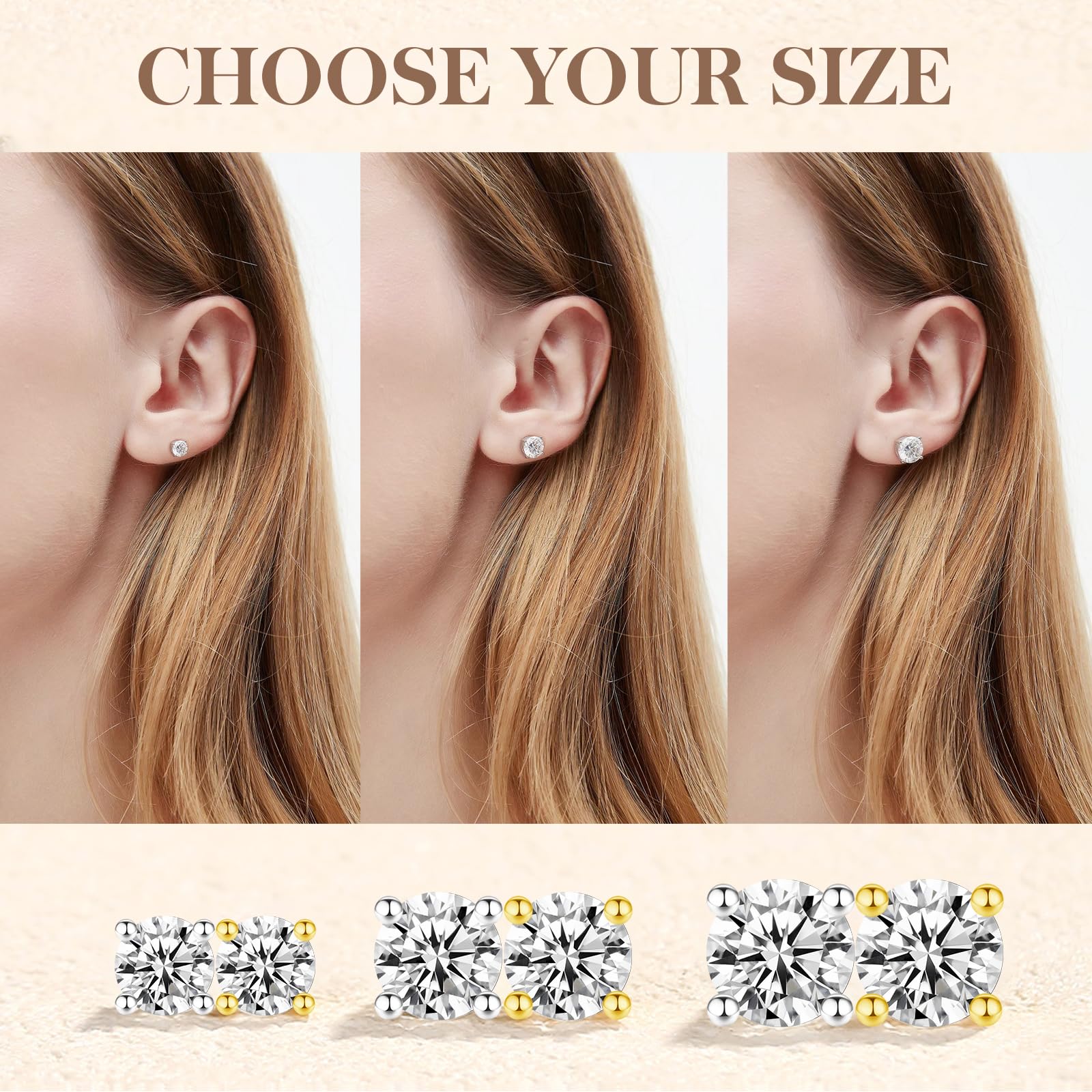 Boucles d'oreilles clous Moissanite femmes plaqué or 14 carats et argent 925, 1 - 3ct - IVOIRART.COM