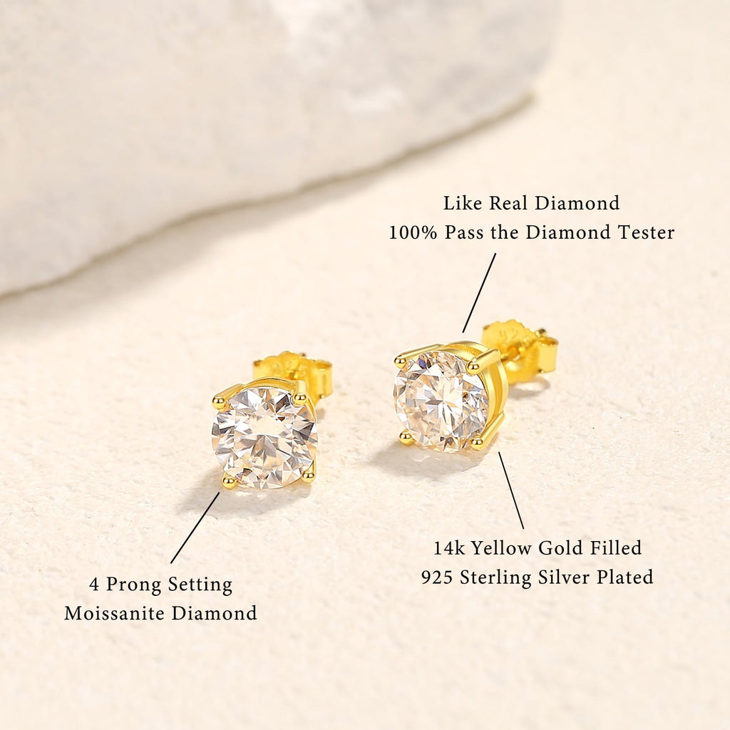 Boucles d'oreilles clous Moissanite femmes plaqué or 14 carats et argent 925, 1 - 3ct - IVOIRART.COM