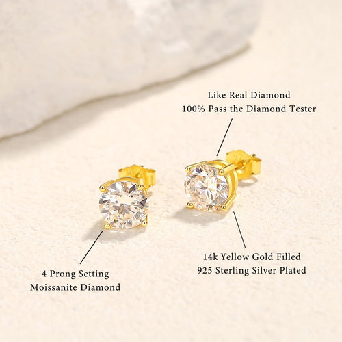Boucles d'oreilles clous Moissanite femmes plaqué or 14 carats et argent 925, 1 - 3ct - IVOIRART.COM