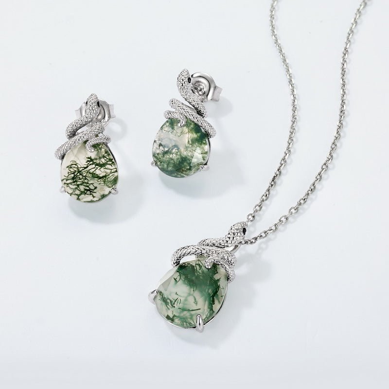 Boucles d'oreilles clous serpent élégantes en agate mousse verte naturelle S925F - IVOIRART.COM
