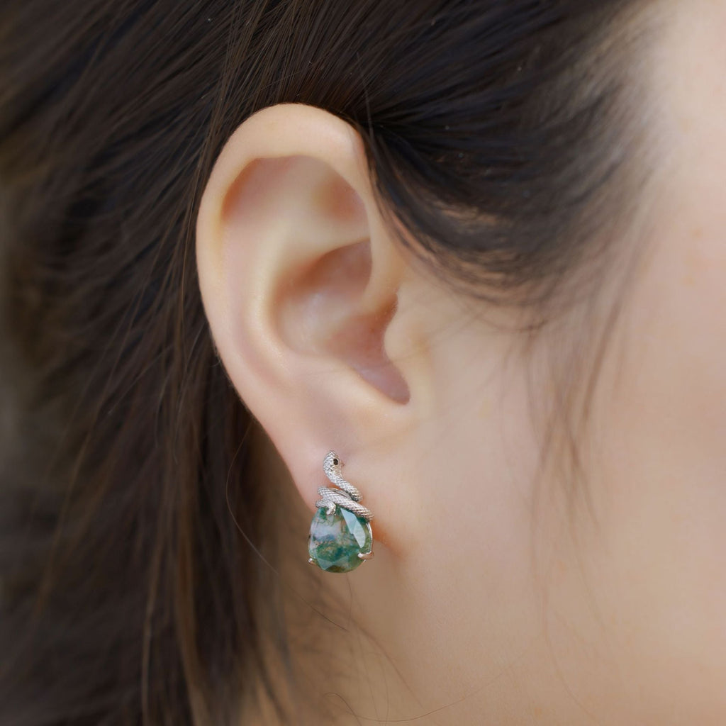 Boucles d'oreilles clous serpent élégantes en agate mousse verte naturelle S925F - IVOIRART.COM