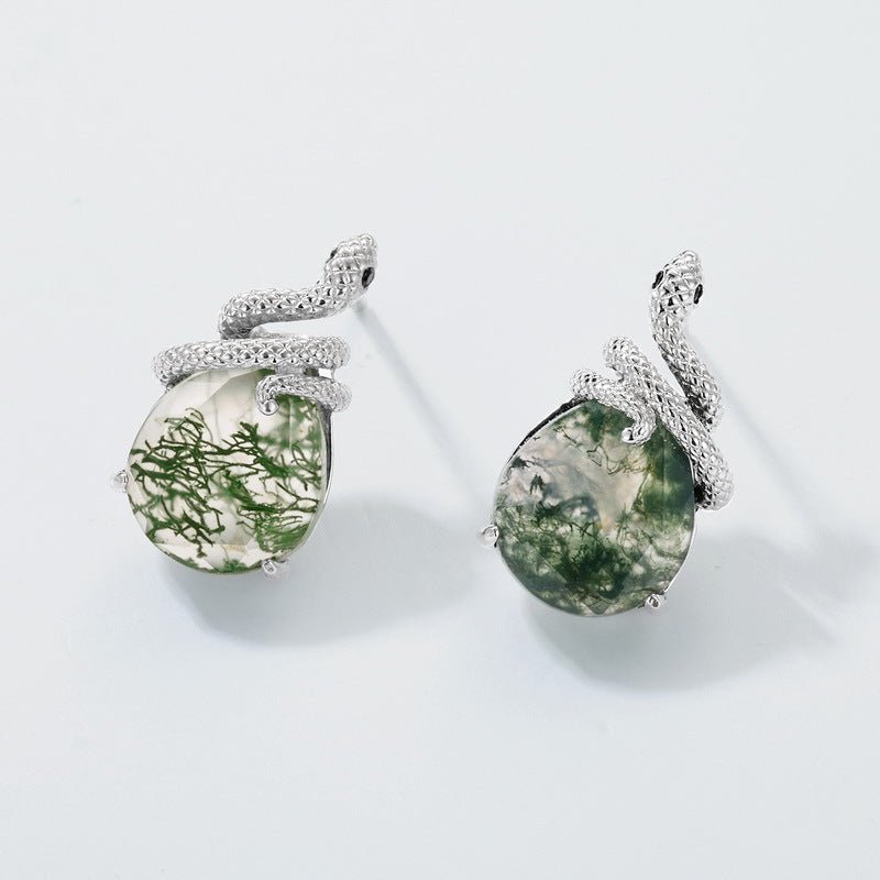 Boucles d'oreilles clous serpent élégantes en agate mousse verte naturelle S925F - IVOIRART.COM