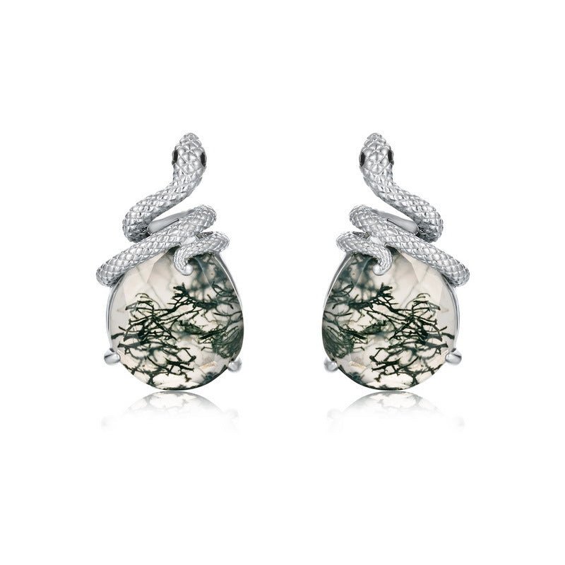 Boucles d'oreilles clous serpent élégantes en agate mousse verte naturelle S925F - IVOIRART.COM