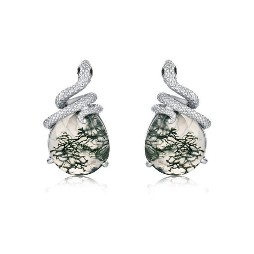 Boucles d'oreilles clous serpent élégantes en agate mousse verte naturelle S925F - IVOIRART.COM