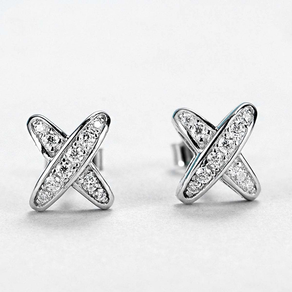 Boucles d'oreilles clous X en argent S925 moissanite D-VVS1 pavé, plaqué platine - IVOIRART.COM