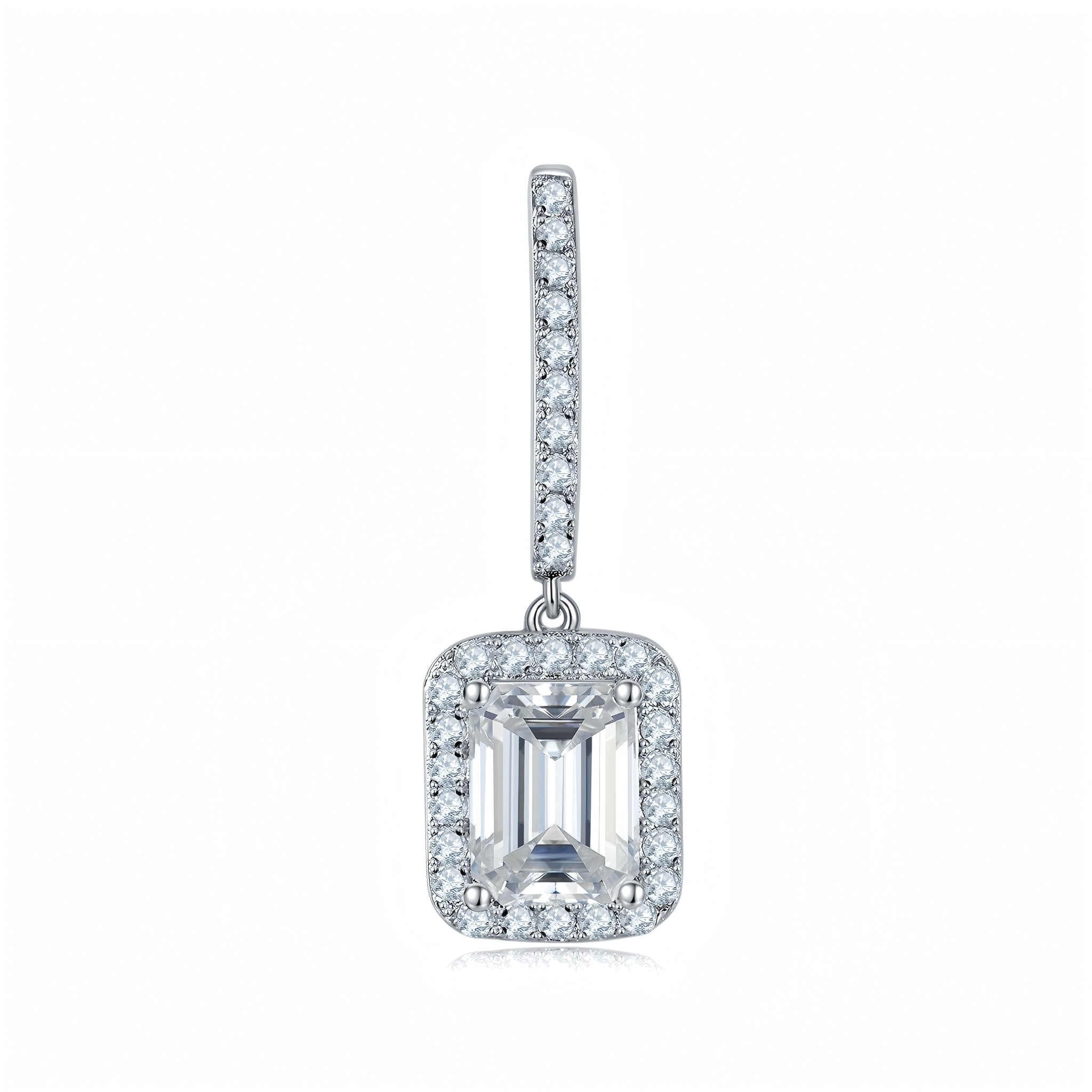 Boucles d'oreilles créoles à effet halo en moissanite taille émeraude 6x8mm, argent sterling S925 plaqué platine, certificat GRA, coffret cadeau luxe - IVOIRART.COM