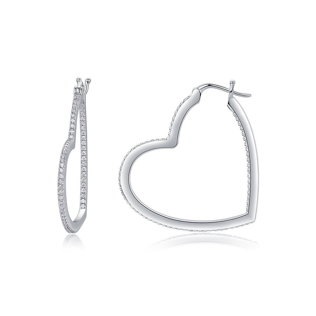 Boucles d'oreilles créoles coeur S925 argenté plaqué platine 44 moissanites 5.4g - IVOIRART.COM
