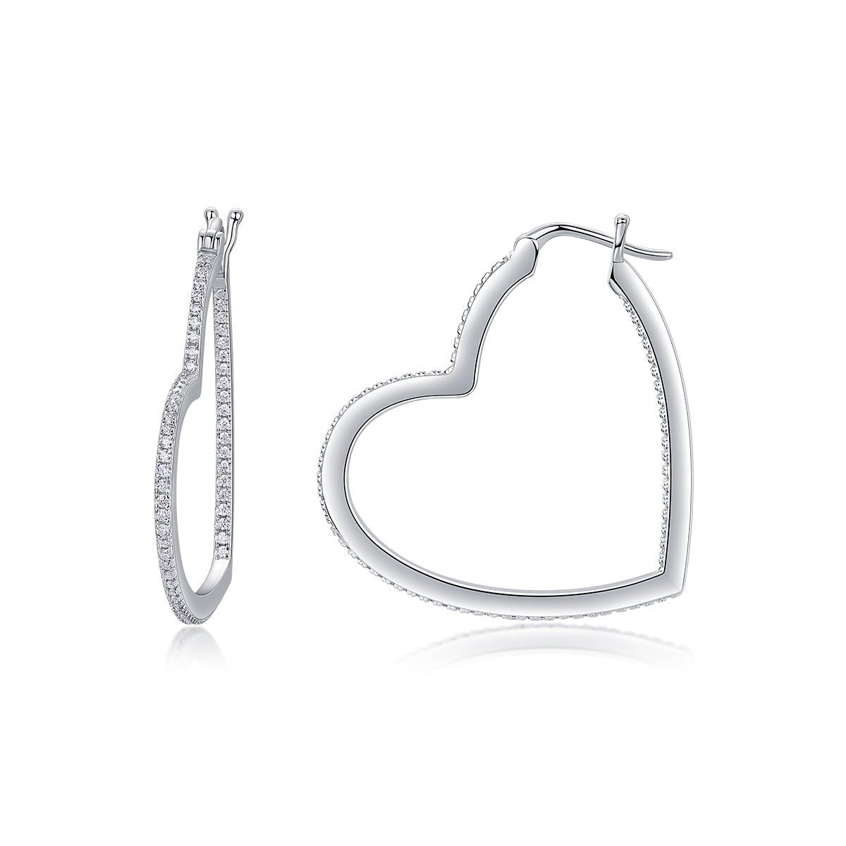 Boucles d'oreilles créoles coeur S925 argenté plaqué platine 44 moissanites 5.4g - IVOIRART.COM