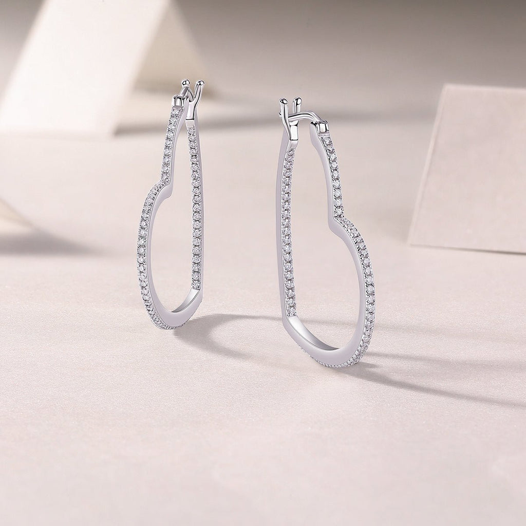Boucles d'oreilles créoles coeur S925 argenté plaqué platine 44 moissanites 5.4g - IVOIRART.COM