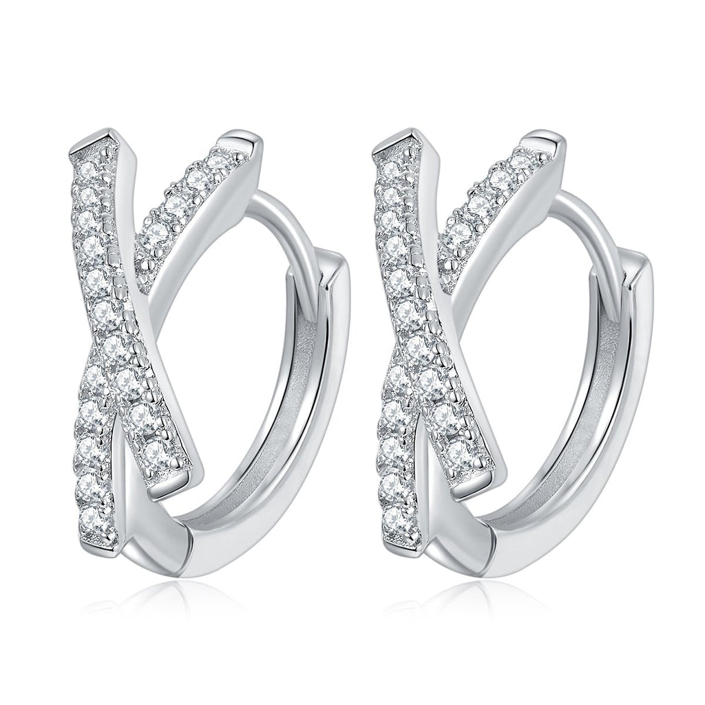 Boucles d'oreilles créoles croix moissanite argent S925 plaqué platine serties GRA - IVOIRART.COM