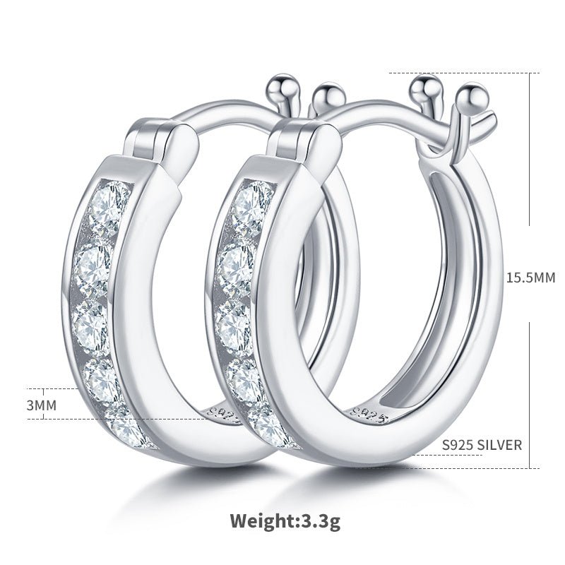 Boucles d'oreilles créoles en argent sterling S925 3,3g avec 10 moissanites serties canal 15,5mm, plaqué platine, boîte cadeau femme - IVOIRART.COM