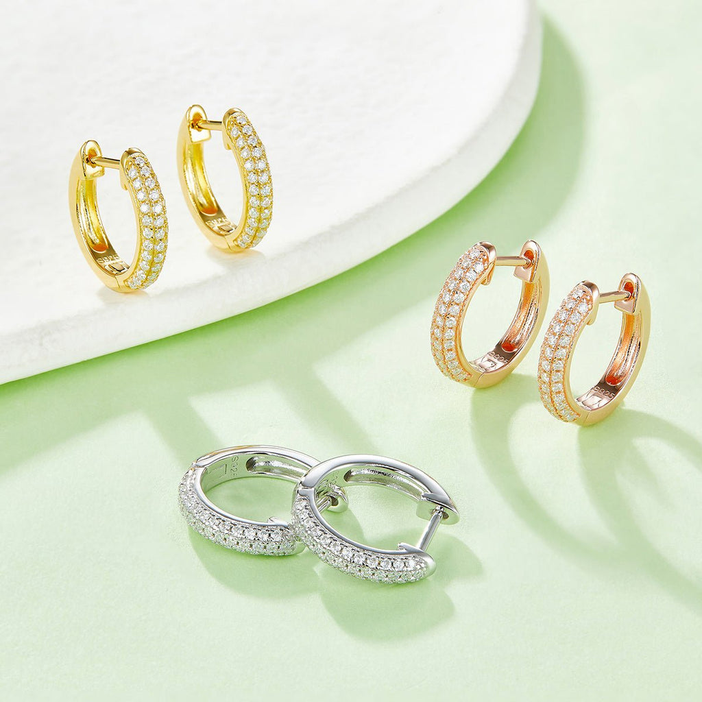 Boucles d'oreilles créoles Huggie 74 pierres Moissanite en argent S925 15mm plaqué platine 3 couleurs boîte cadeau hypoallergéniques - IVOIRART.COM