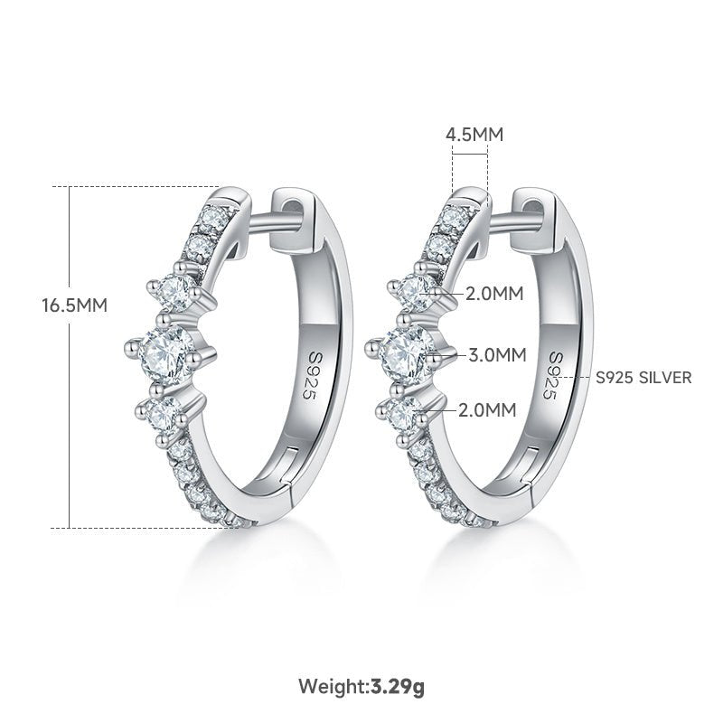 Boucles d'Oreilles Créoles Huggie Moissanite 0,52CT Argent 925 S925 3,3g 16,5mm 3 Pierres Platine Coffret Cadeau - IVOIRART.COM